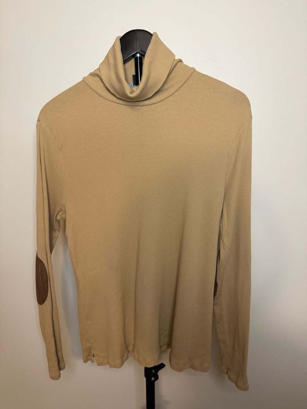 Lauren Ralph Lauren Women's Beige Ribbed Turtleneck with Suede Elbow Patches XL